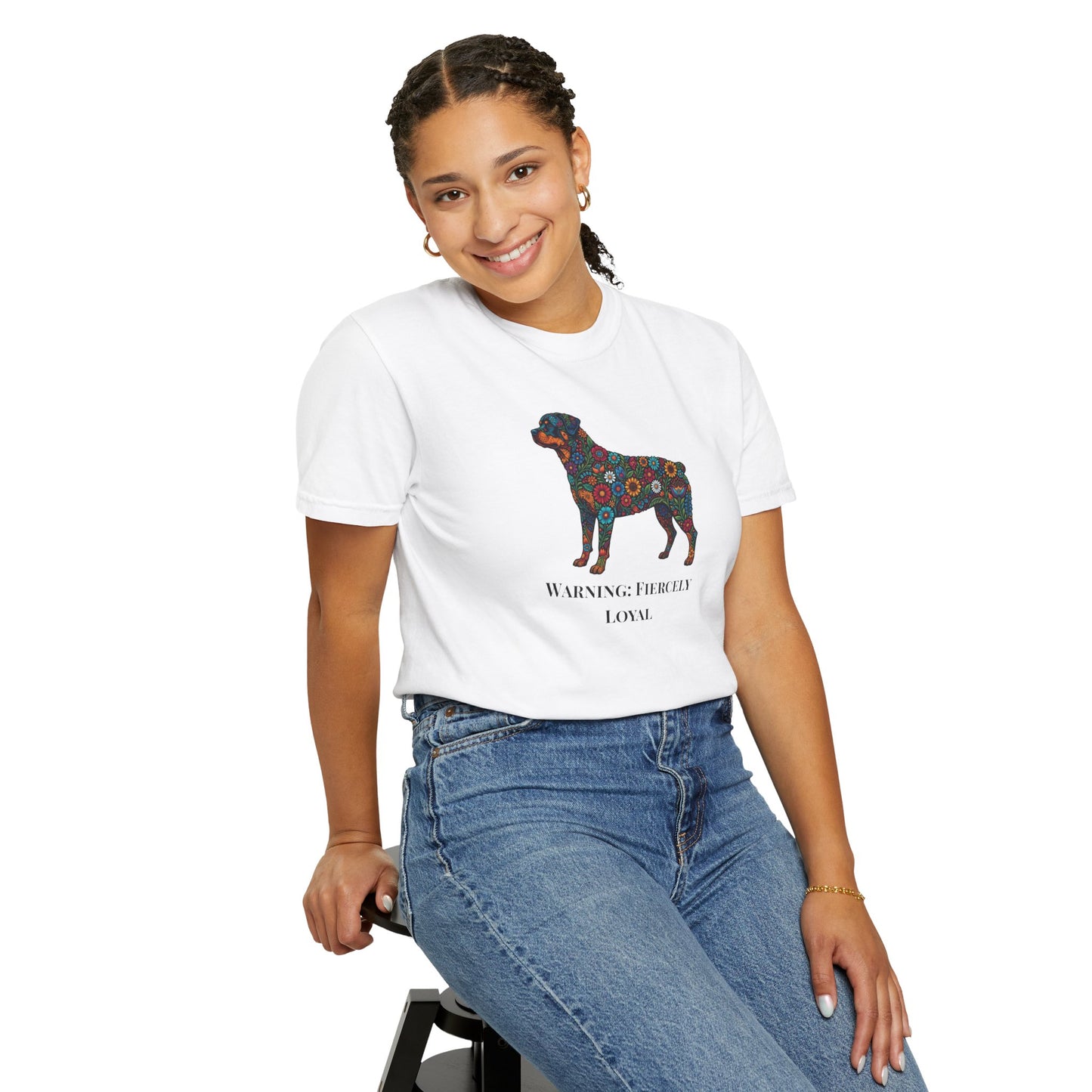 Rottweiler Floral Silhouette T-Shirt - "Warning: Fiercely Loyal" Dog Tee