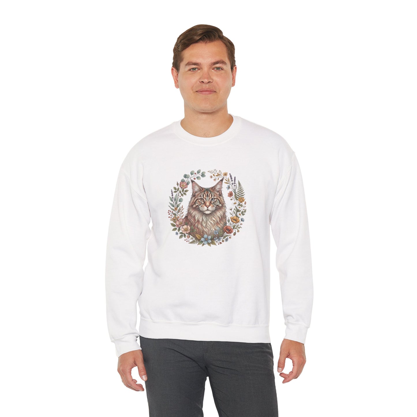 Cat Floral Crewneck Sweatshirt – Watercolor Maine Coon Portrait