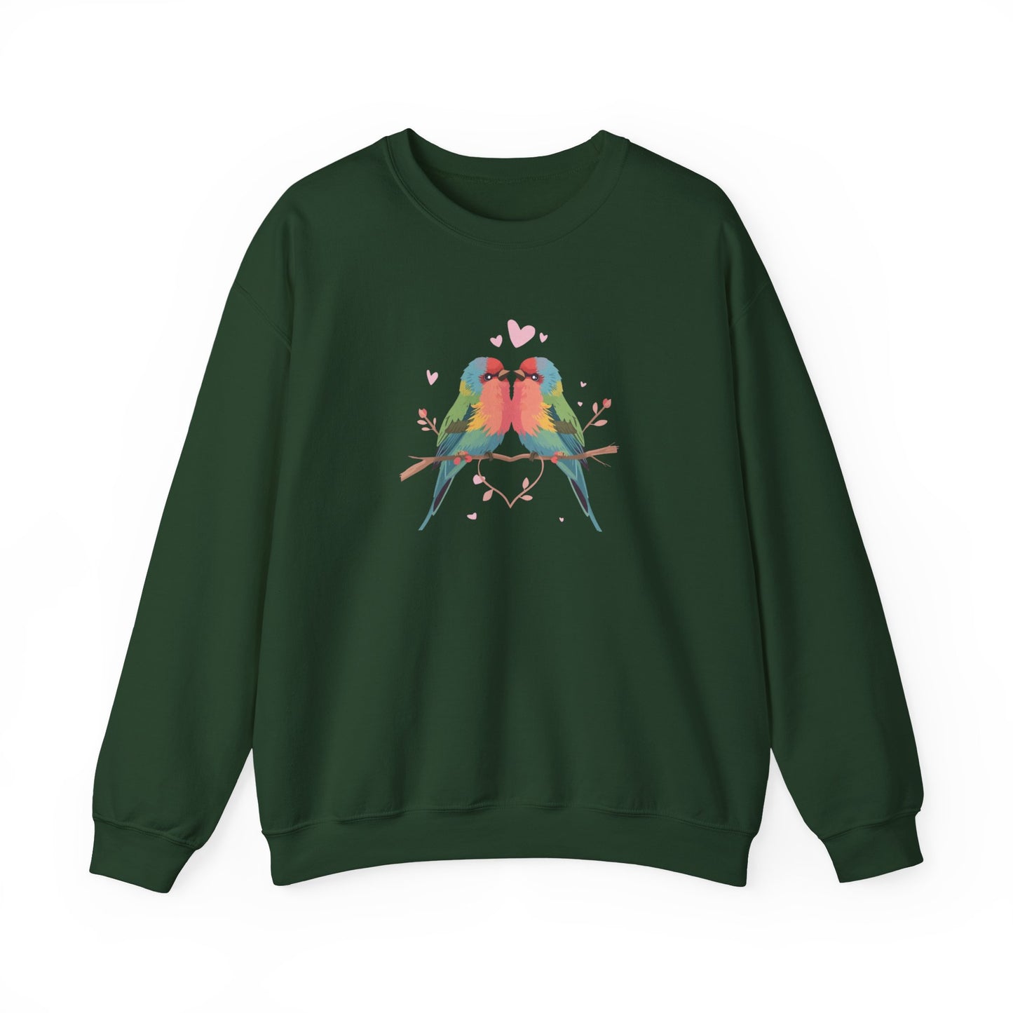 Crewneck Sweatshirt — Colorful Lovebirds Graphic, Romantic Couple Birds Pullover