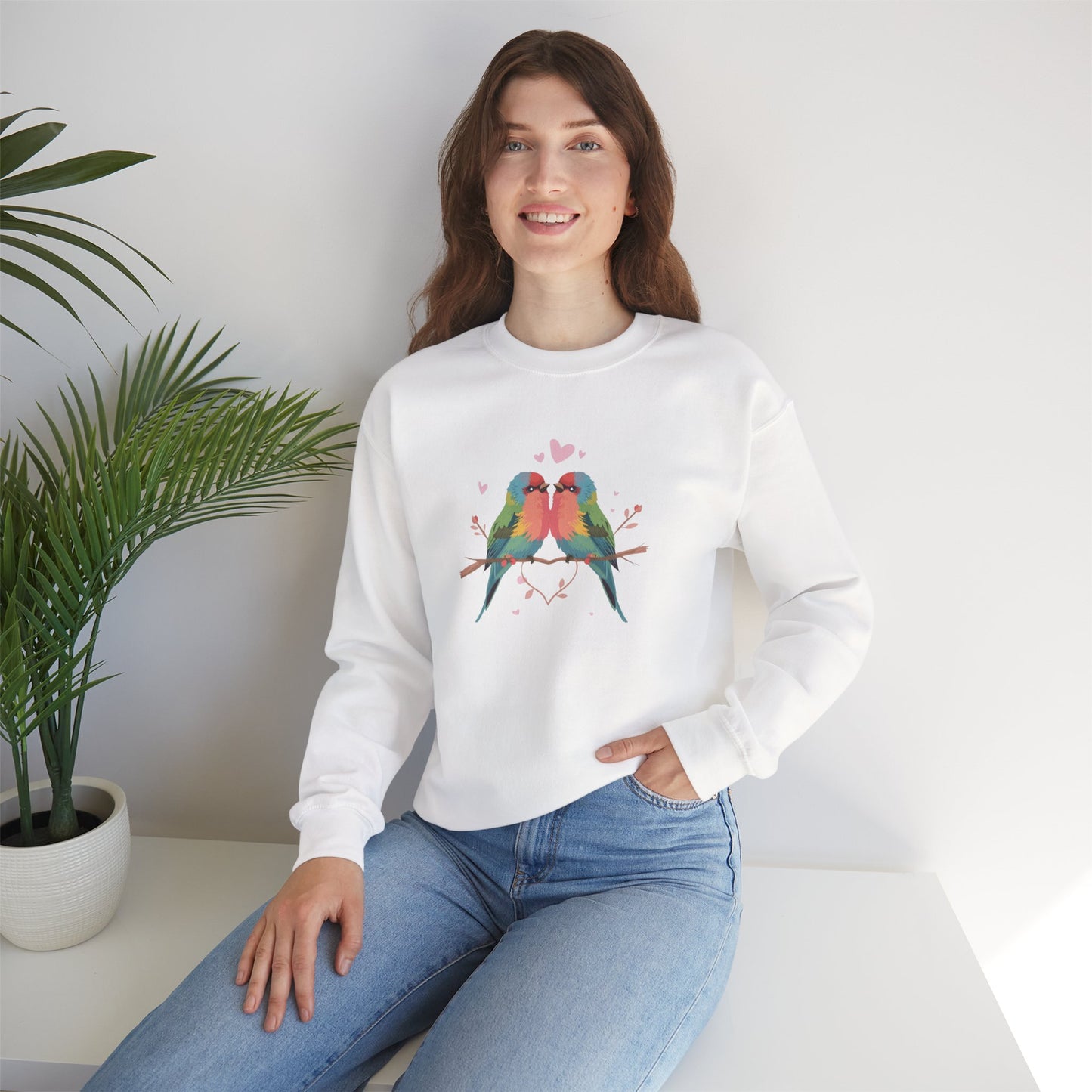 Crewneck Sweatshirt — Colorful Lovebirds Graphic, Romantic Couple Birds Pullover