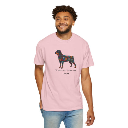 Rottweiler Floral Silhouette T-Shirt - "Warning: Fiercely Loyal" Dog Tee