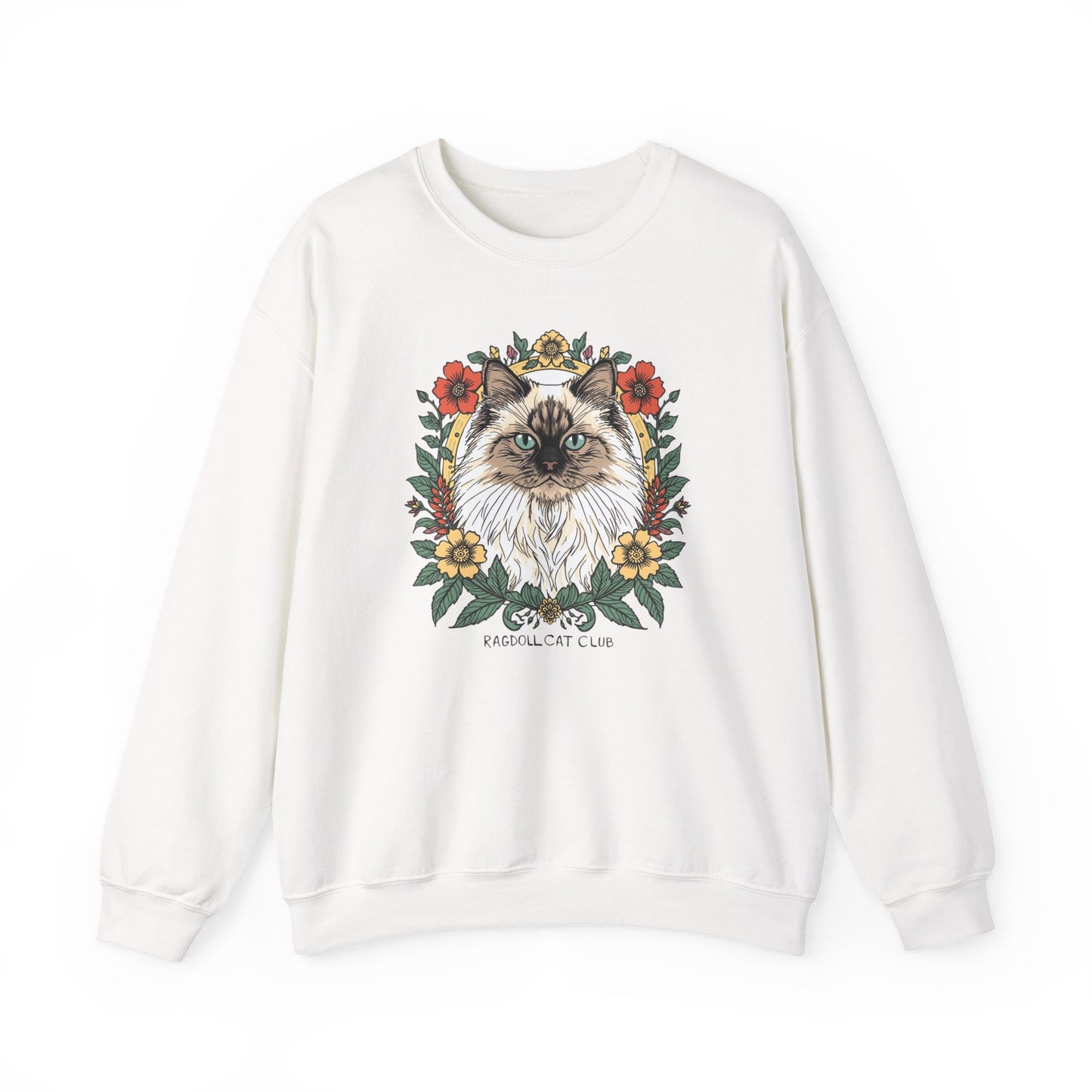 Cat Floral Crewneck Sweatshirt – Ragdoll Cat Portrait with Flowers