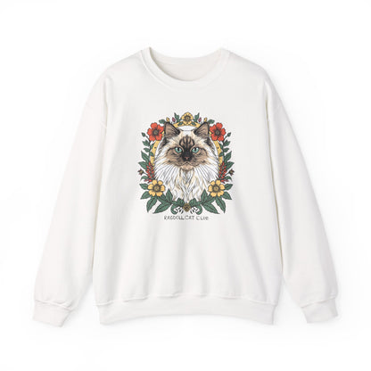 Cat Floral Crewneck Sweatshirt – Ragdoll Cat Portrait with Flowers