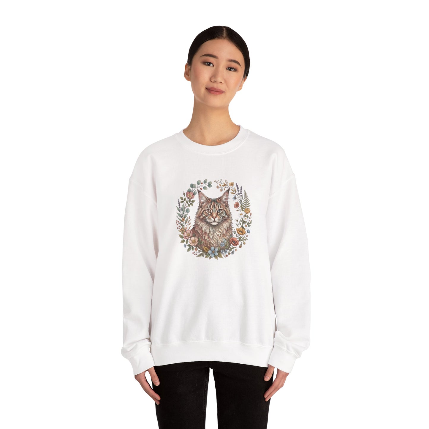 Cat Floral Crewneck Sweatshirt – Watercolor Maine Coon Portrait