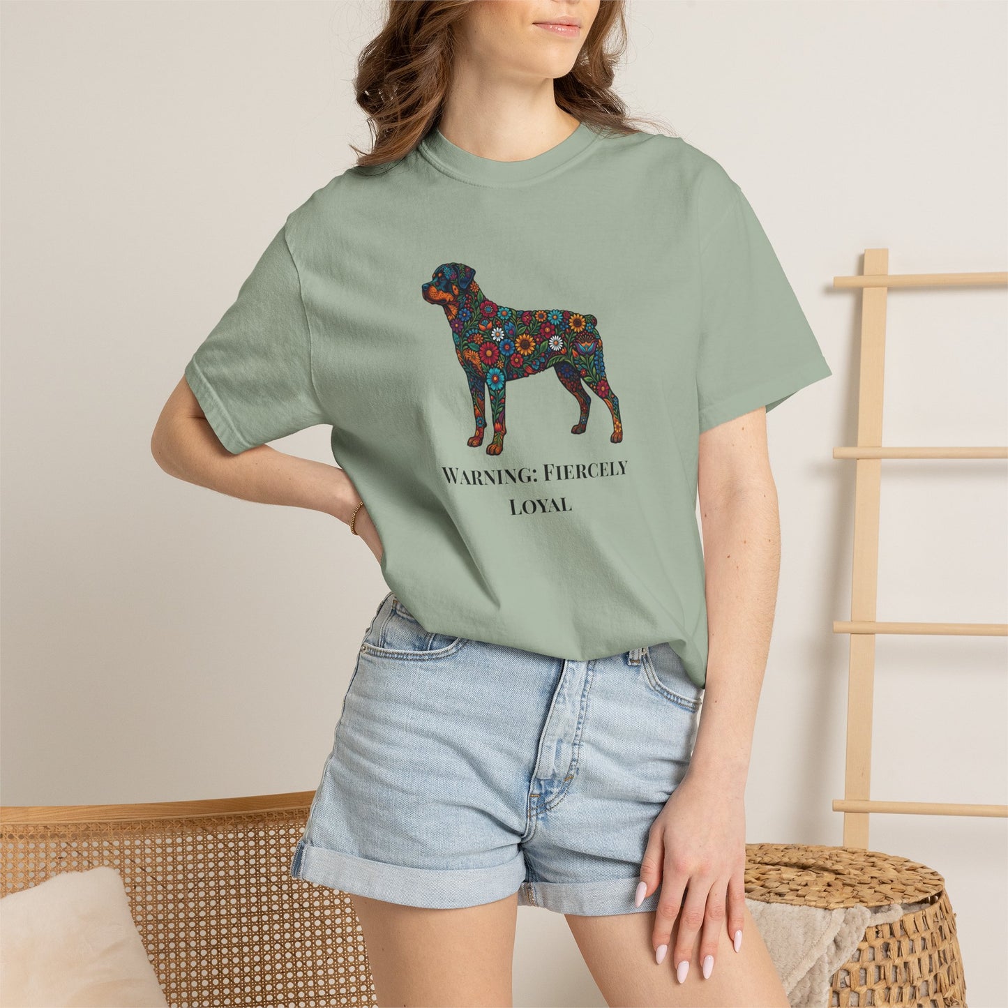 Rottweiler Floral Silhouette T-Shirt - "Warning: Fiercely Loyal" Dog Tee