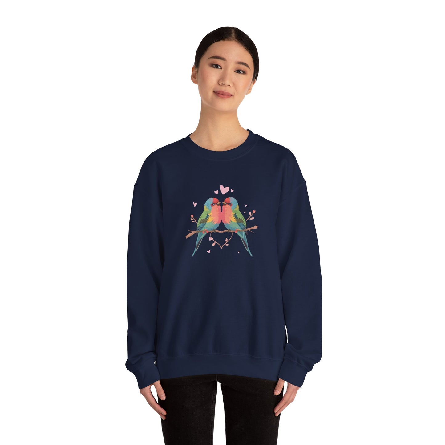 Crewneck Sweatshirt — Colorful Lovebirds Graphic, Romantic Couple Birds Pullover