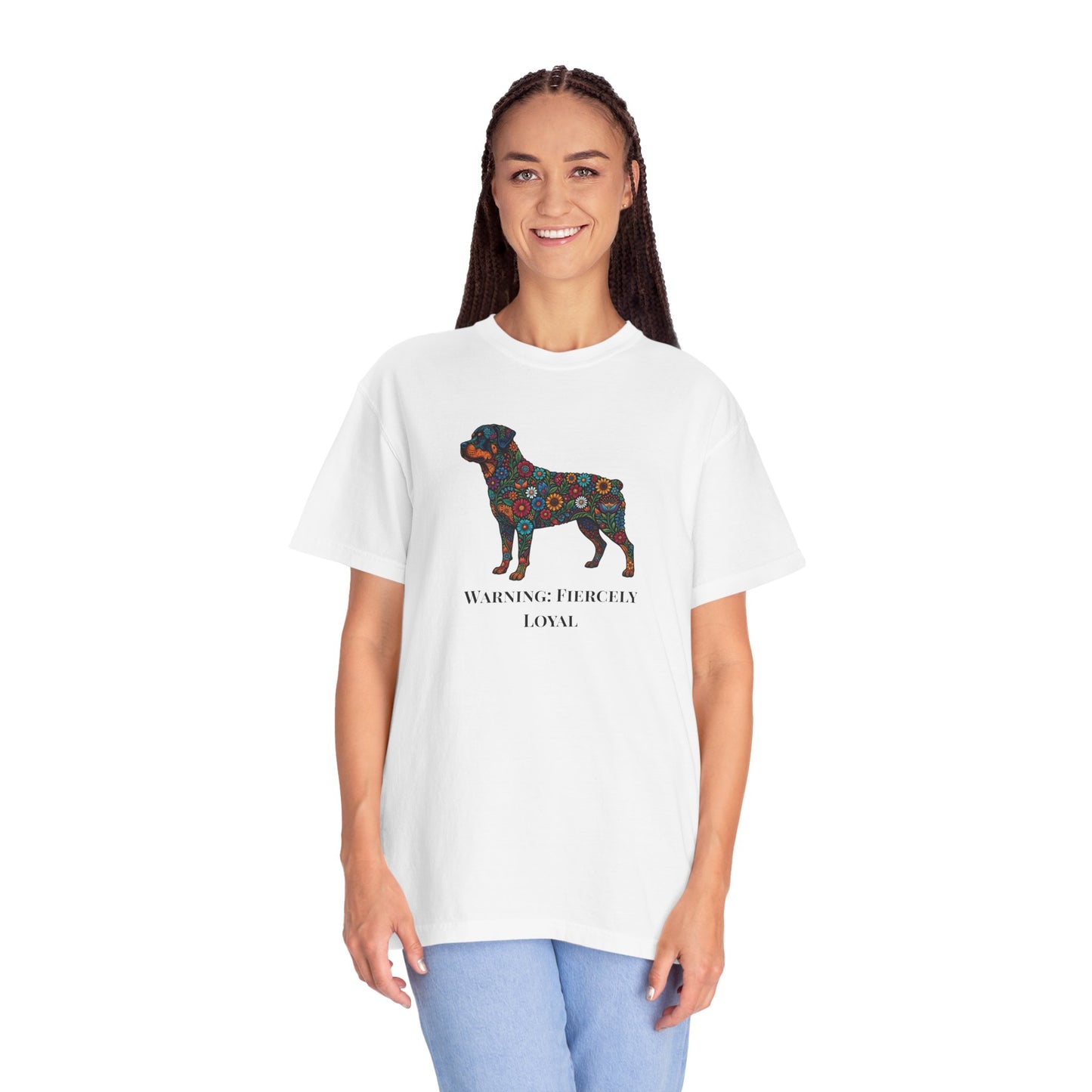 Rottweiler Floral Silhouette T-Shirt - "Warning: Fiercely Loyal" Dog Tee