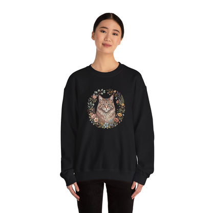 Cat Floral Crewneck Sweatshirt – Watercolor Maine Coon Portrait