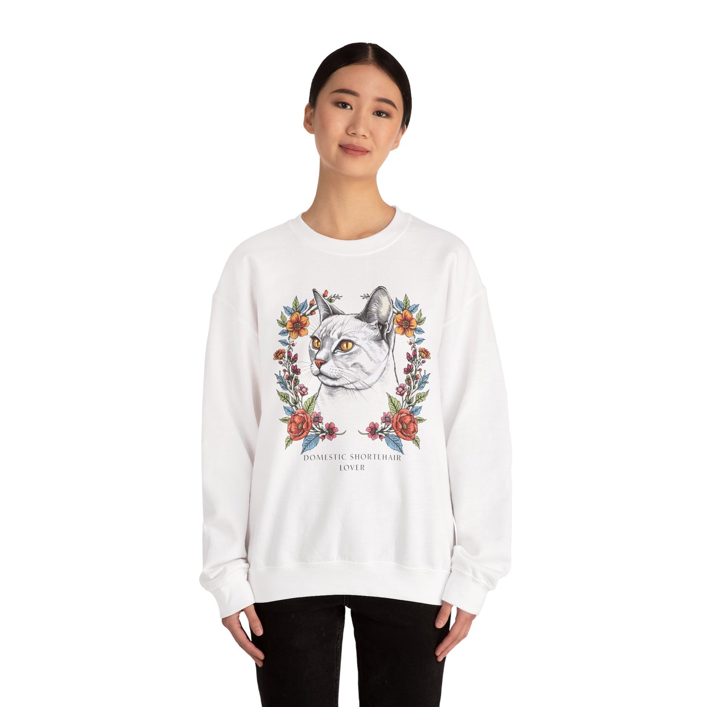 Cat Portrait Crewneck Sweatshirt — Floral Frame with 'Domestic Shorthair Love'