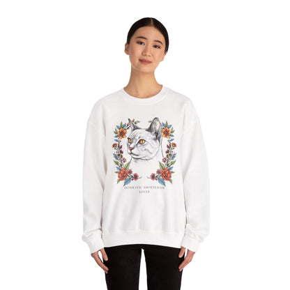 Cat Portrait Crewneck Sweatshirt — Floral Frame with 'Domestic Shorthair Love'