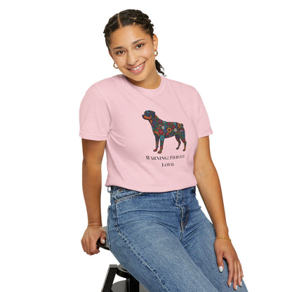 Rottweiler Floral Silhouette T-Shirt - "Warning: Fiercely Loyal" Dog Tee