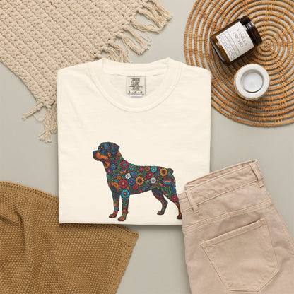 Rottweiler Floral Silhouette T-Shirt - "Warning: Fiercely Loyal" Dog Tee