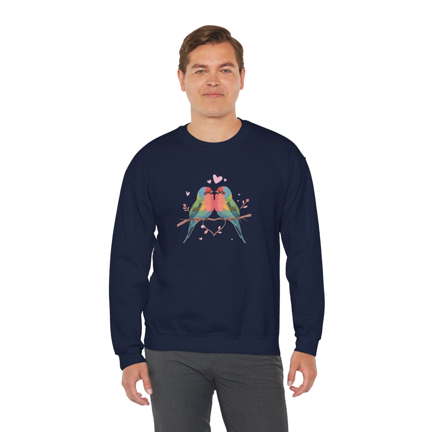 Crewneck Sweatshirt — Colorful Lovebirds Graphic, Romantic Couple Birds Pullover