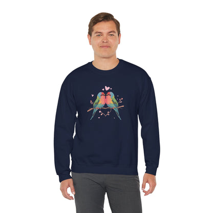 Crewneck Sweatshirt — Colorful Lovebirds Graphic, Romantic Couple Birds Pullover