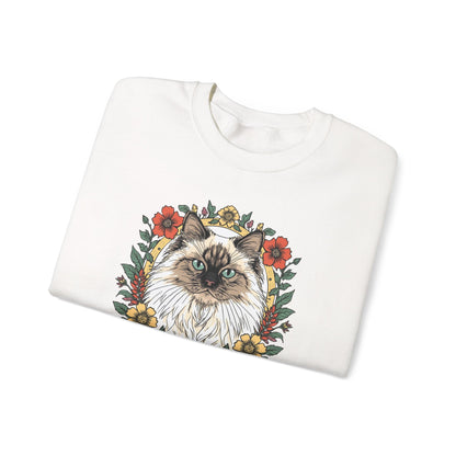 Cat Floral Crewneck Sweatshirt – Ragdoll Cat Portrait with Flowers
