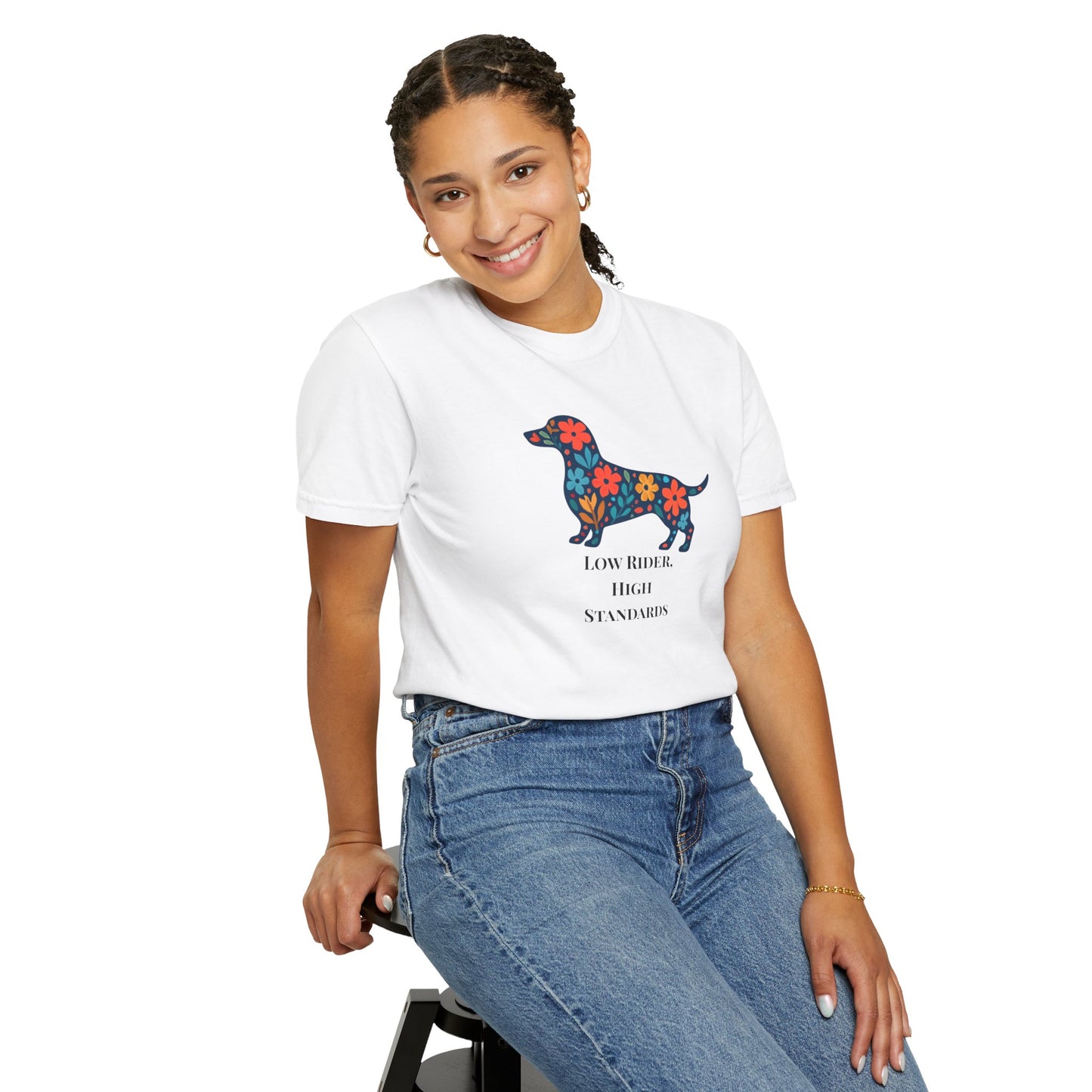Dachshund Floral Graphic Tee | Low Rider High Standards Sausage Dog Shirt