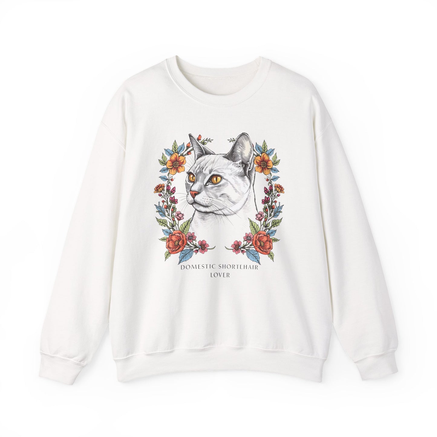 Cat Portrait Crewneck Sweatshirt — Floral Frame with 'Domestic Shorthair Love'