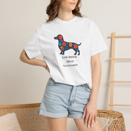 Dachshund Floral Graphic Tee | Low Rider High Standards Sausage Dog Shirt