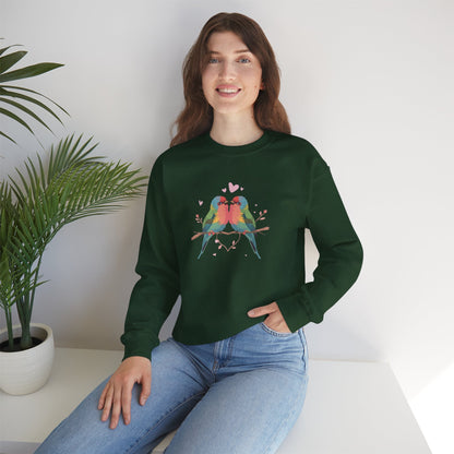 Crewneck Sweatshirt — Colorful Lovebirds Graphic, Romantic Couple Birds Pullover