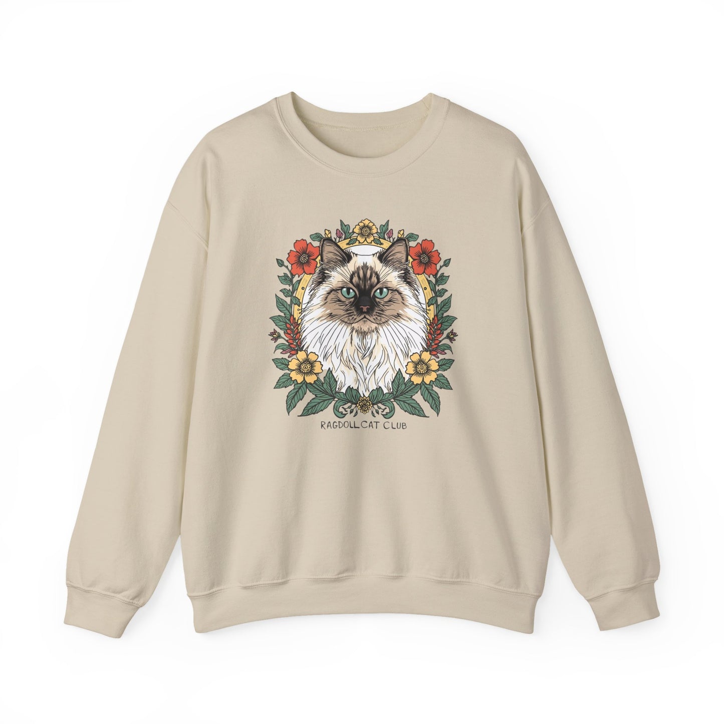 Cat Floral Crewneck Sweatshirt – Ragdoll Cat Portrait with Flowers