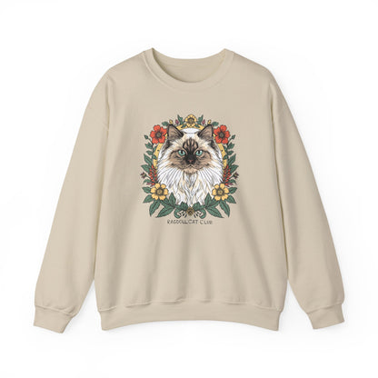 Cat Floral Crewneck Sweatshirt – Ragdoll Cat Portrait with Flowers
