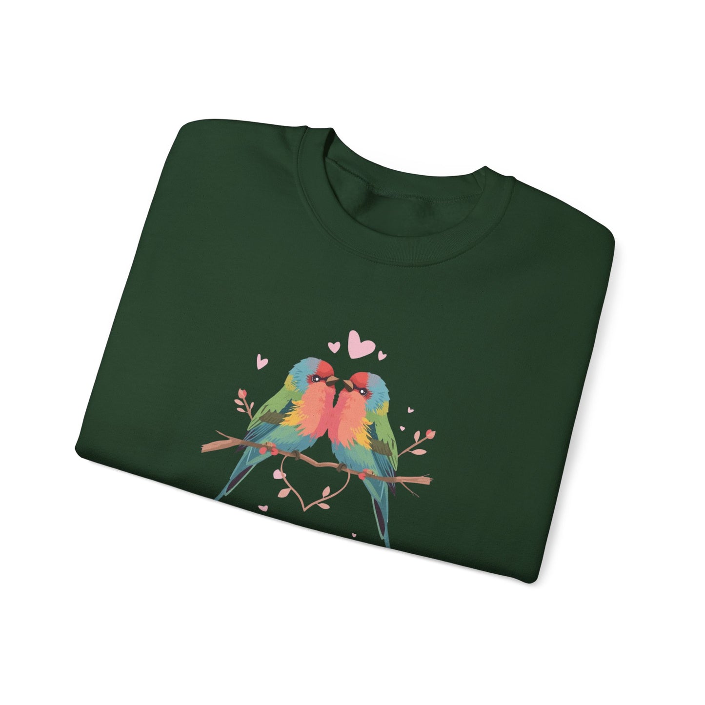 Crewneck Sweatshirt — Colorful Lovebirds Graphic, Romantic Couple Birds Pullover