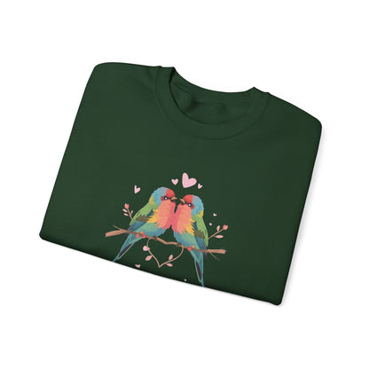 Crewneck Sweatshirt — Colorful Lovebirds Graphic, Romantic Couple Birds Pullover