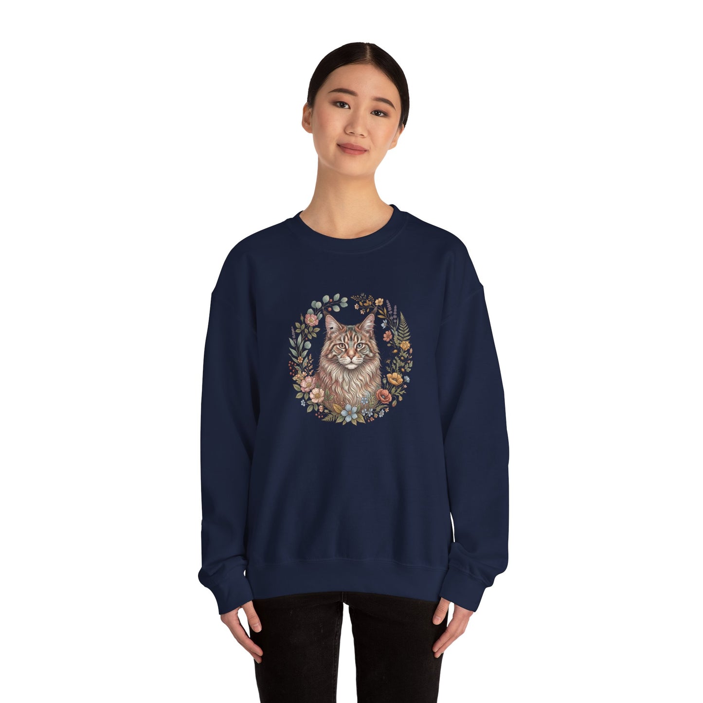 Cat Floral Crewneck Sweatshirt – Watercolor Maine Coon Portrait