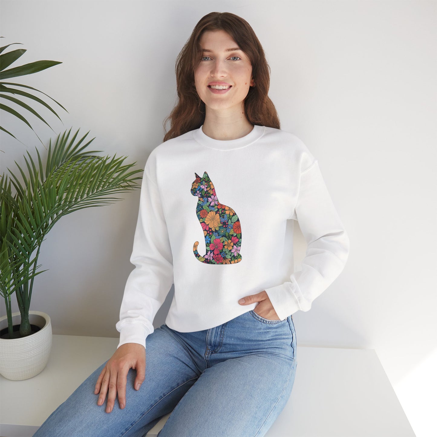 Domestic Medium Hair - Floral Cat Silhouette Sweatshirt