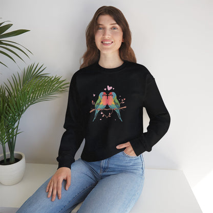 Crewneck Sweatshirt — Colorful Lovebirds Graphic, Romantic Couple Birds Pullover