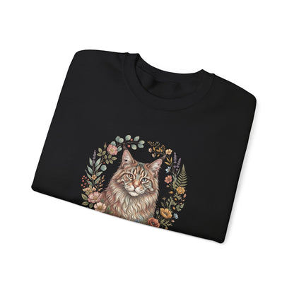 Cat Floral Crewneck Sweatshirt – Watercolor Maine Coon Portrait