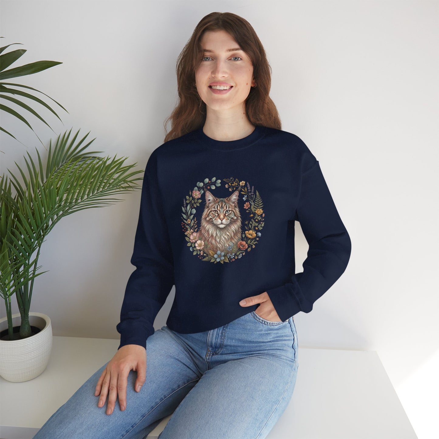 Cat Floral Crewneck Sweatshirt – Watercolor Maine Coon Portrait