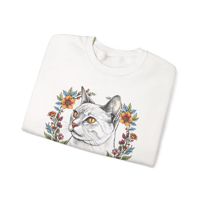 Cat Portrait Crewneck Sweatshirt — Floral Frame with 'Domestic Shorthair Love'
