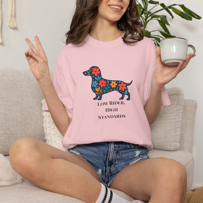 Dachshund Floral Graphic Tee | Low Rider High Standards Sausage Dog Shirt