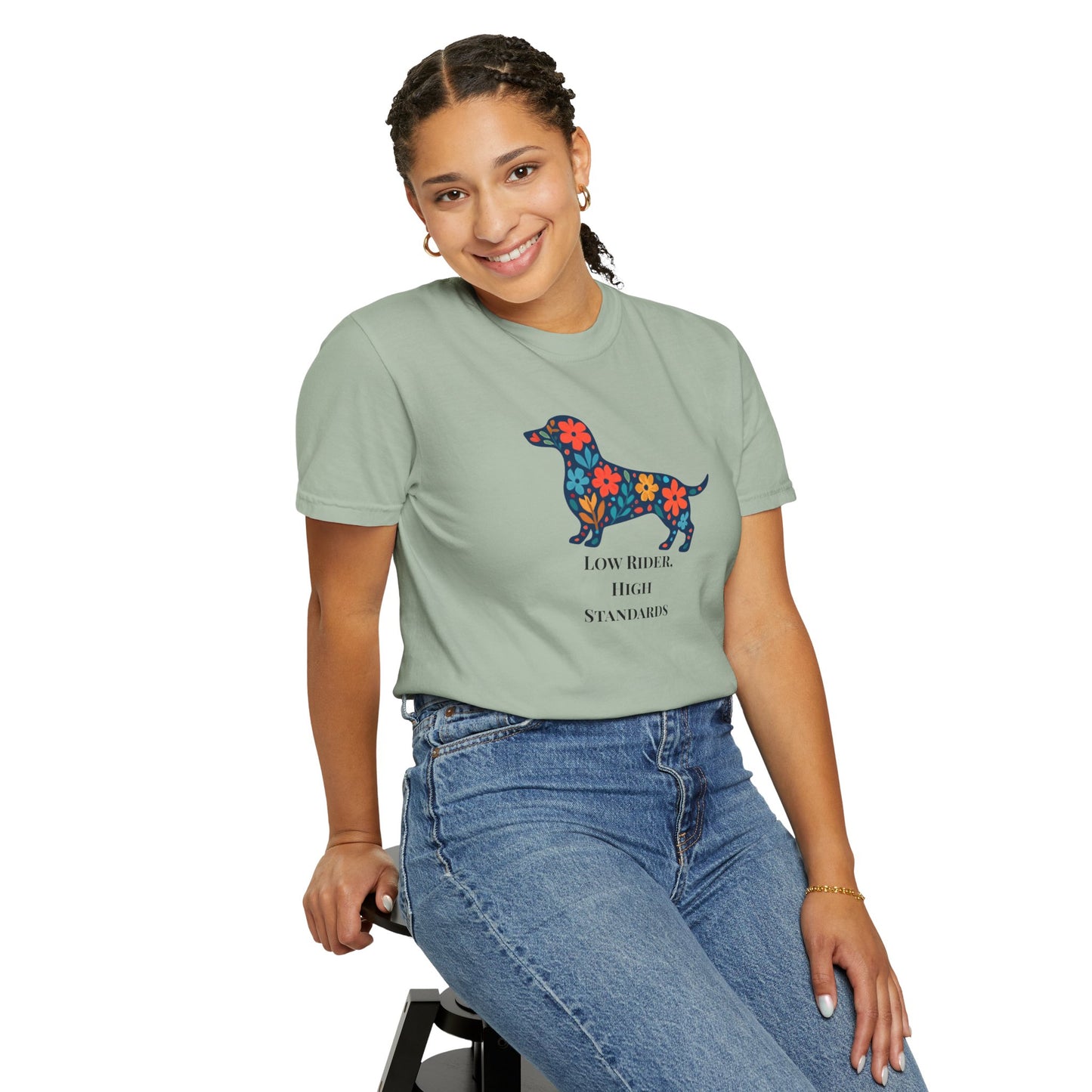 Dachshund Floral Graphic Tee | Low Rider High Standards Sausage Dog Shirt
