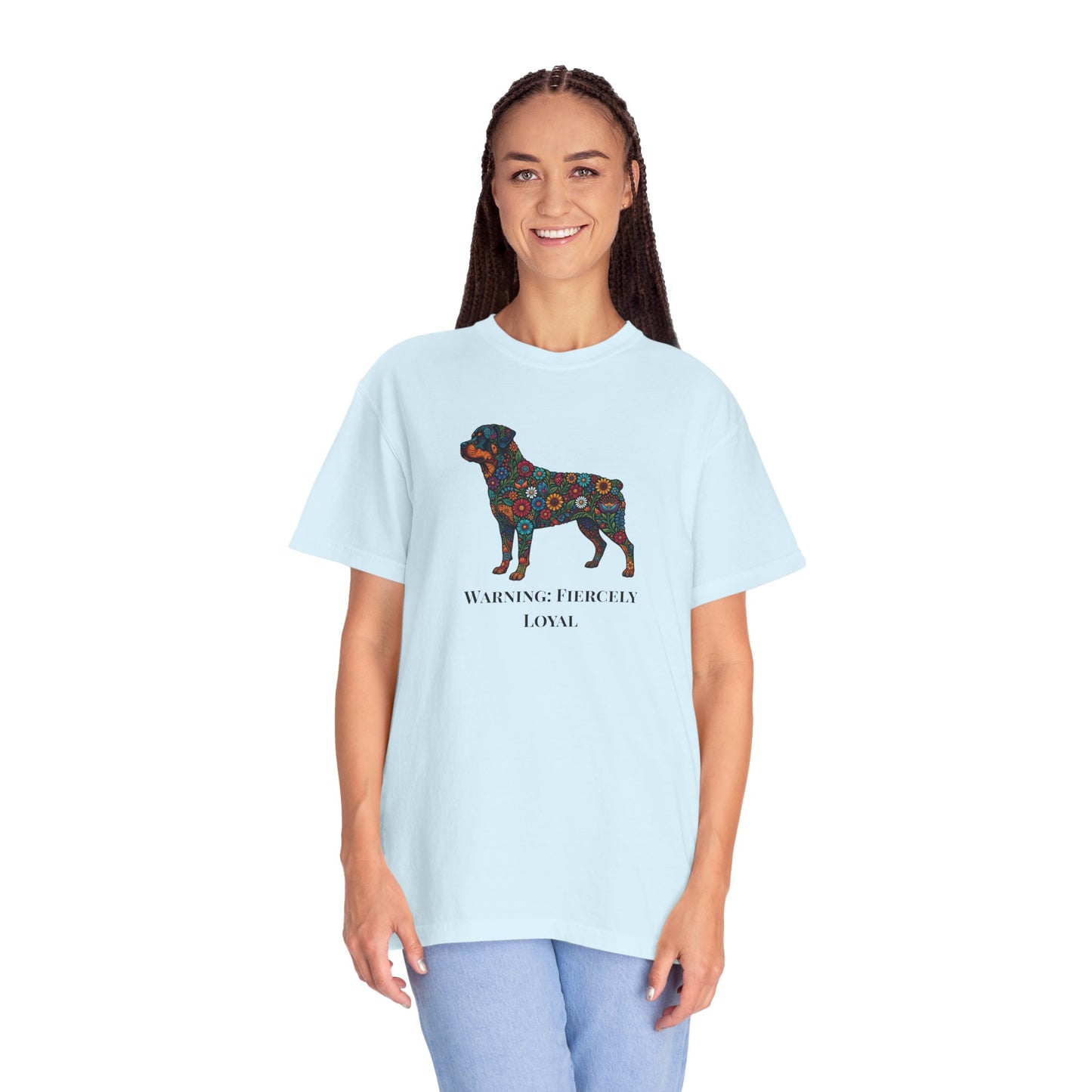 Rottweiler Floral Silhouette T-Shirt - "Warning: Fiercely Loyal" Dog Tee
