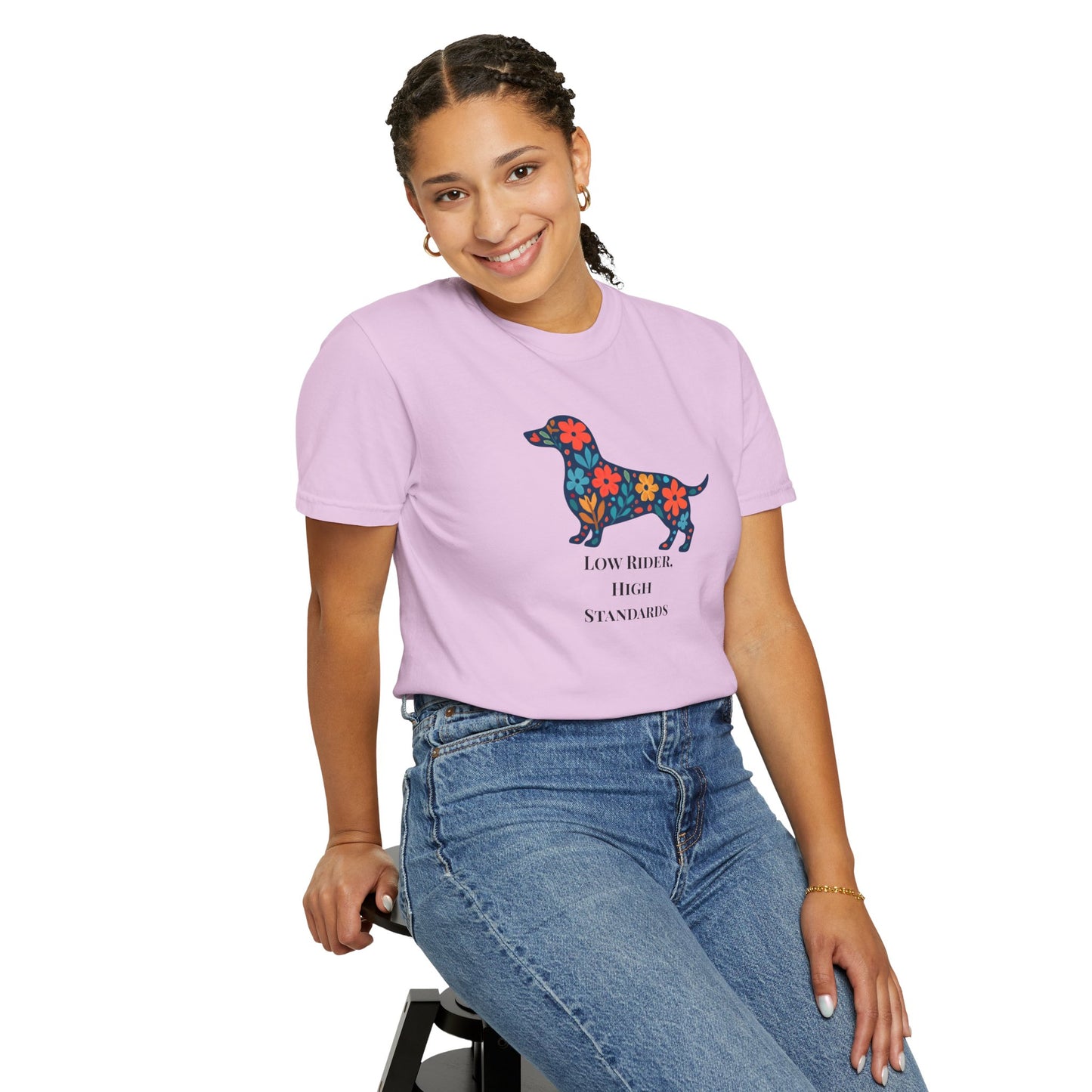 Dachshund Floral Graphic Tee | Low Rider High Standards Sausage Dog Shirt