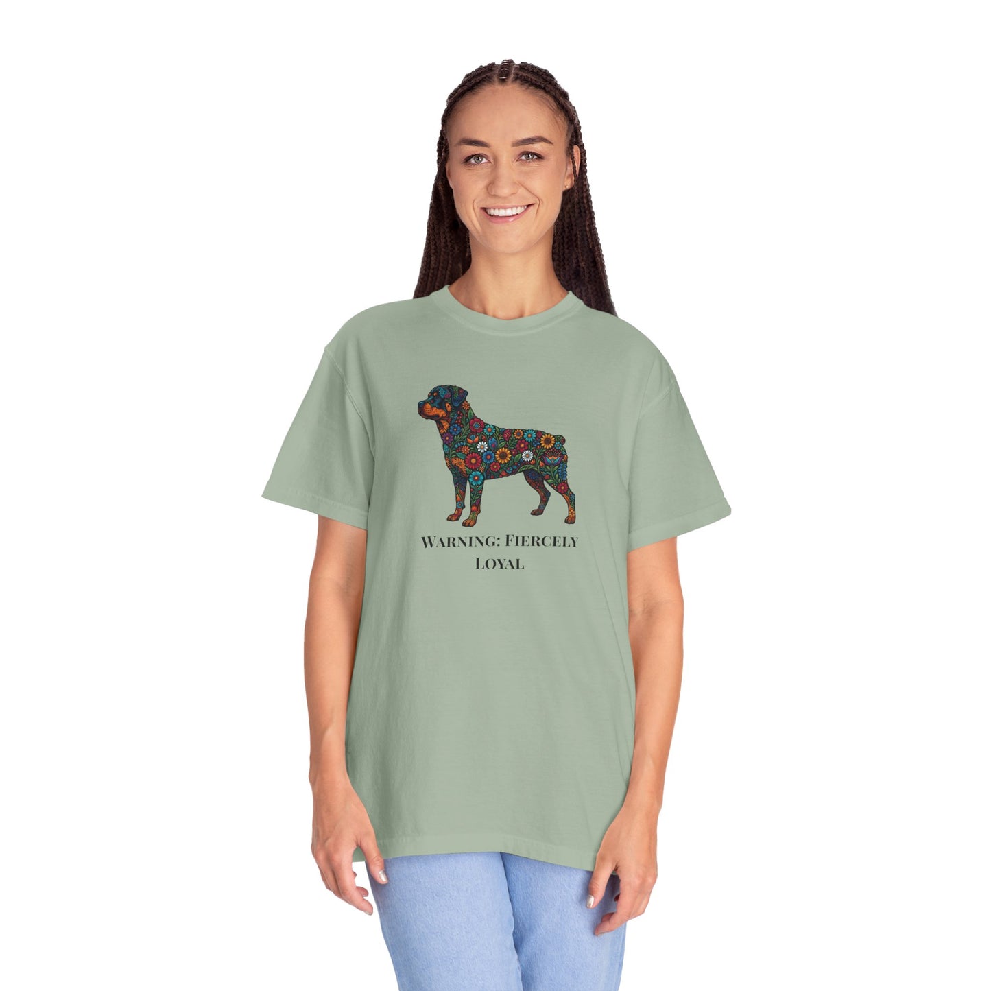 Rottweiler Floral Silhouette T-Shirt - "Warning: Fiercely Loyal" Dog Tee