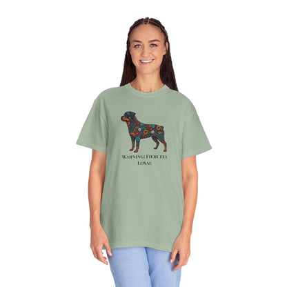 Rottweiler Floral Silhouette T-Shirt - "Warning: Fiercely Loyal" Dog Tee