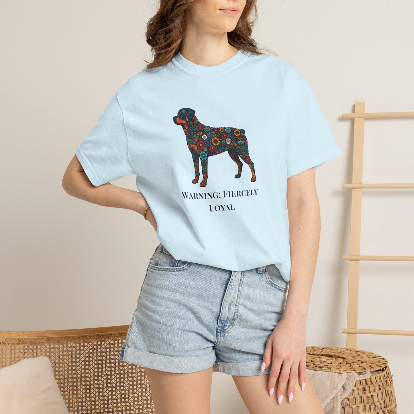 Rottweiler Floral Silhouette T-Shirt - "Warning: Fiercely Loyal" Dog Tee