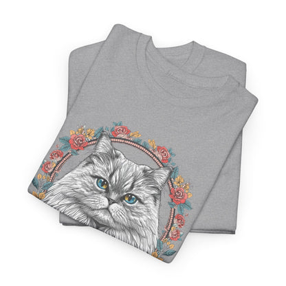 Cat Portrait Tee — "Purrson of Power" Floral Maine Coon Graphic T-Shirt