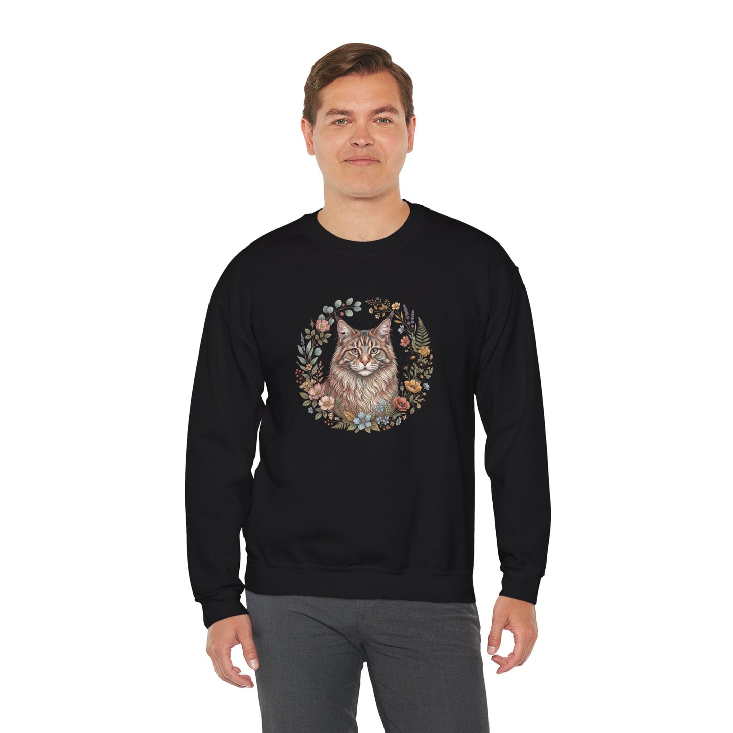 Cat Floral Crewneck Sweatshirt – Watercolor Maine Coon Portrait