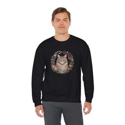 Cat Floral Crewneck Sweatshirt – Watercolor Maine Coon Portrait