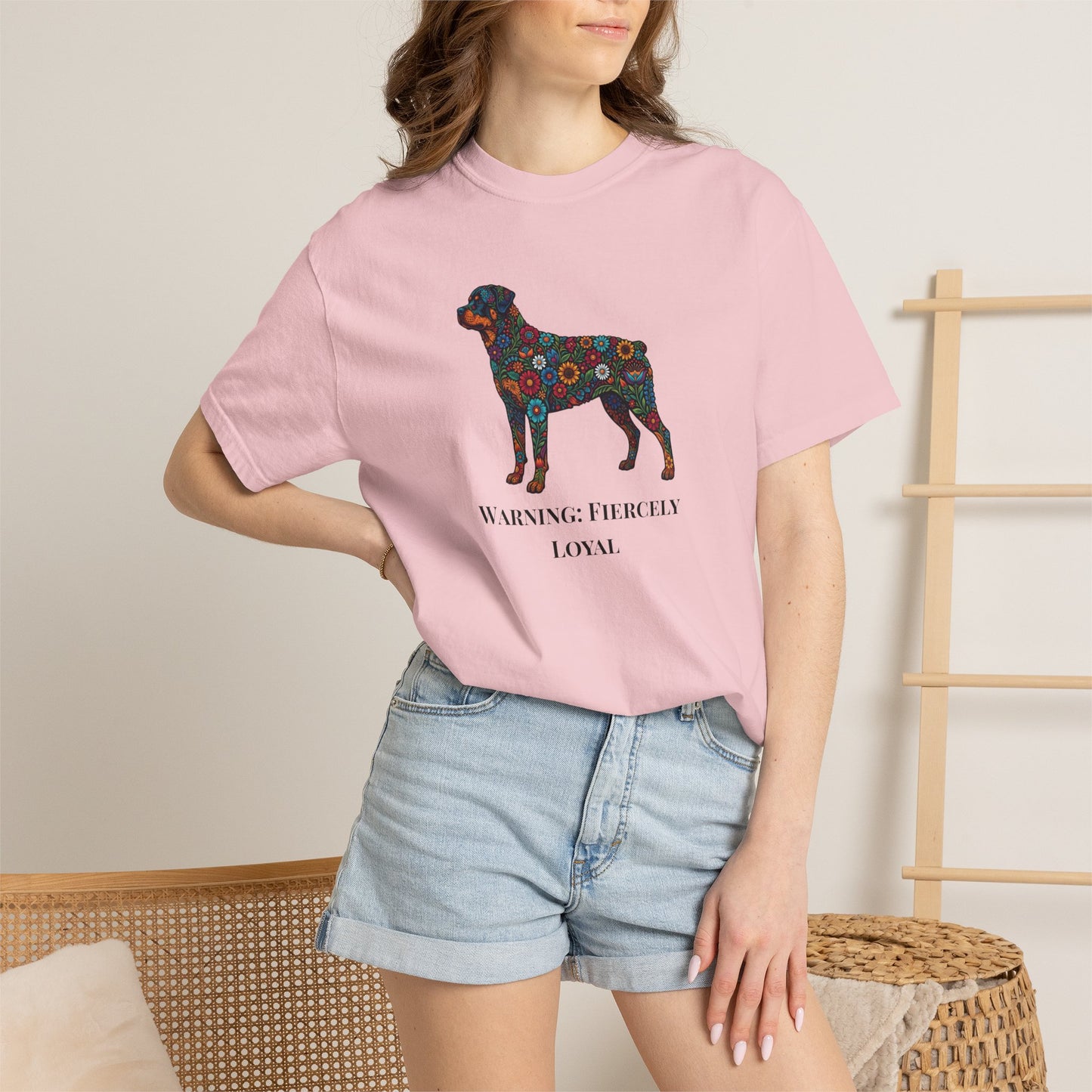 Rottweiler Floral Silhouette T-Shirt - "Warning: Fiercely Loyal" Dog Tee