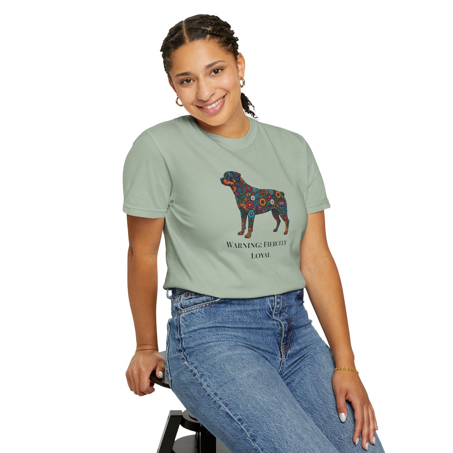 Rottweiler Floral Silhouette T-Shirt - "Warning: Fiercely Loyal" Dog Tee