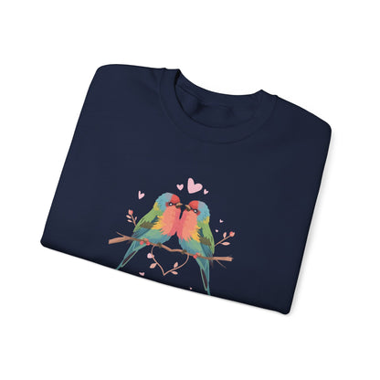 Crewneck Sweatshirt — Colorful Lovebirds Graphic, Romantic Couple Birds Pullover