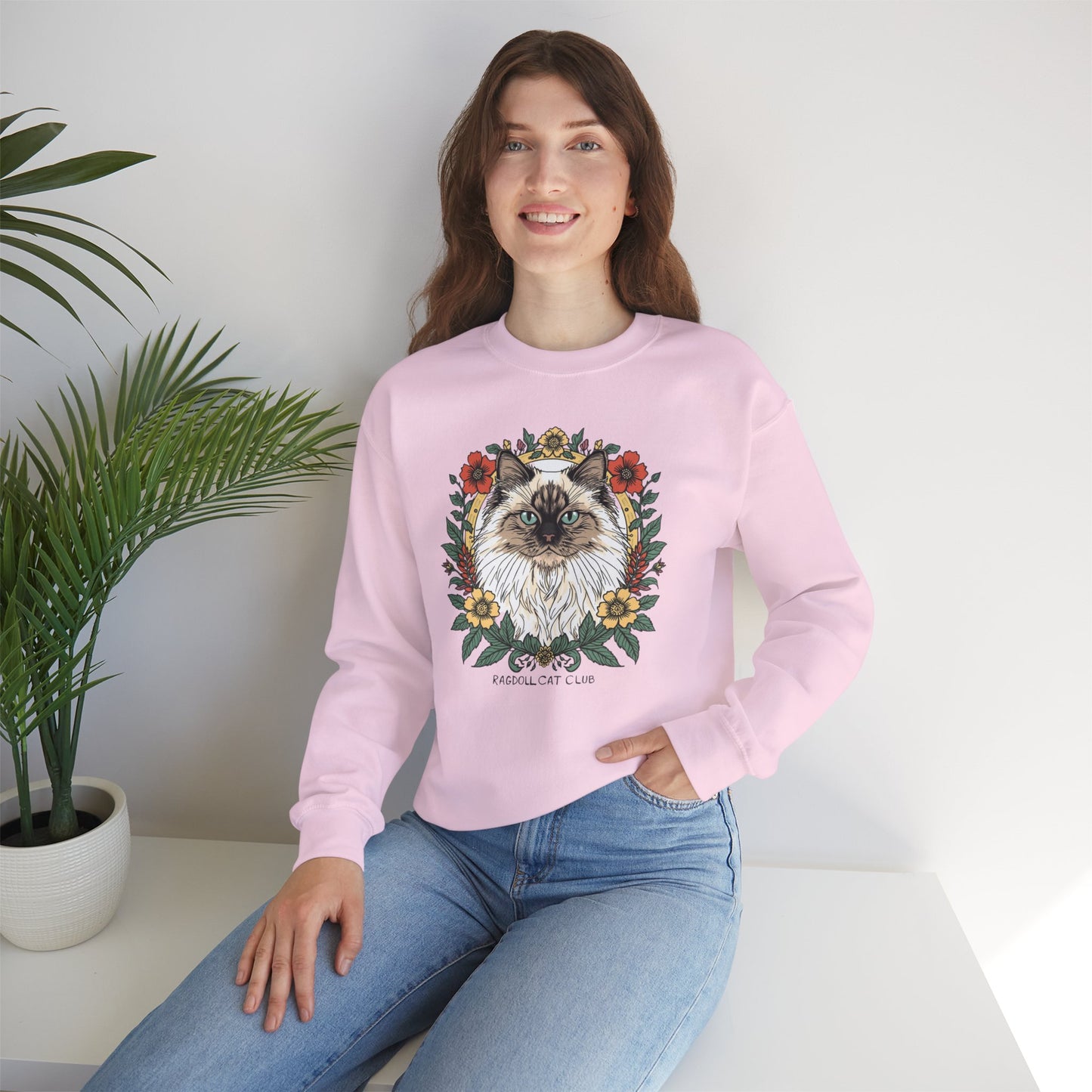 Cat Floral Crewneck Sweatshirt – Ragdoll Cat Portrait with Flowers
