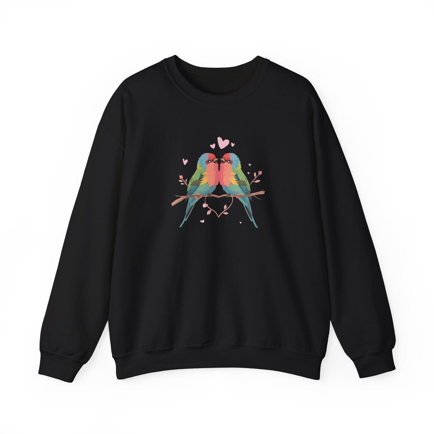 Crewneck Sweatshirt — Colorful Lovebirds Graphic, Romantic Couple Birds Pullover