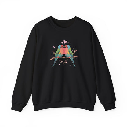 Crewneck Sweatshirt — Colorful Lovebirds Graphic, Romantic Couple Birds Pullover