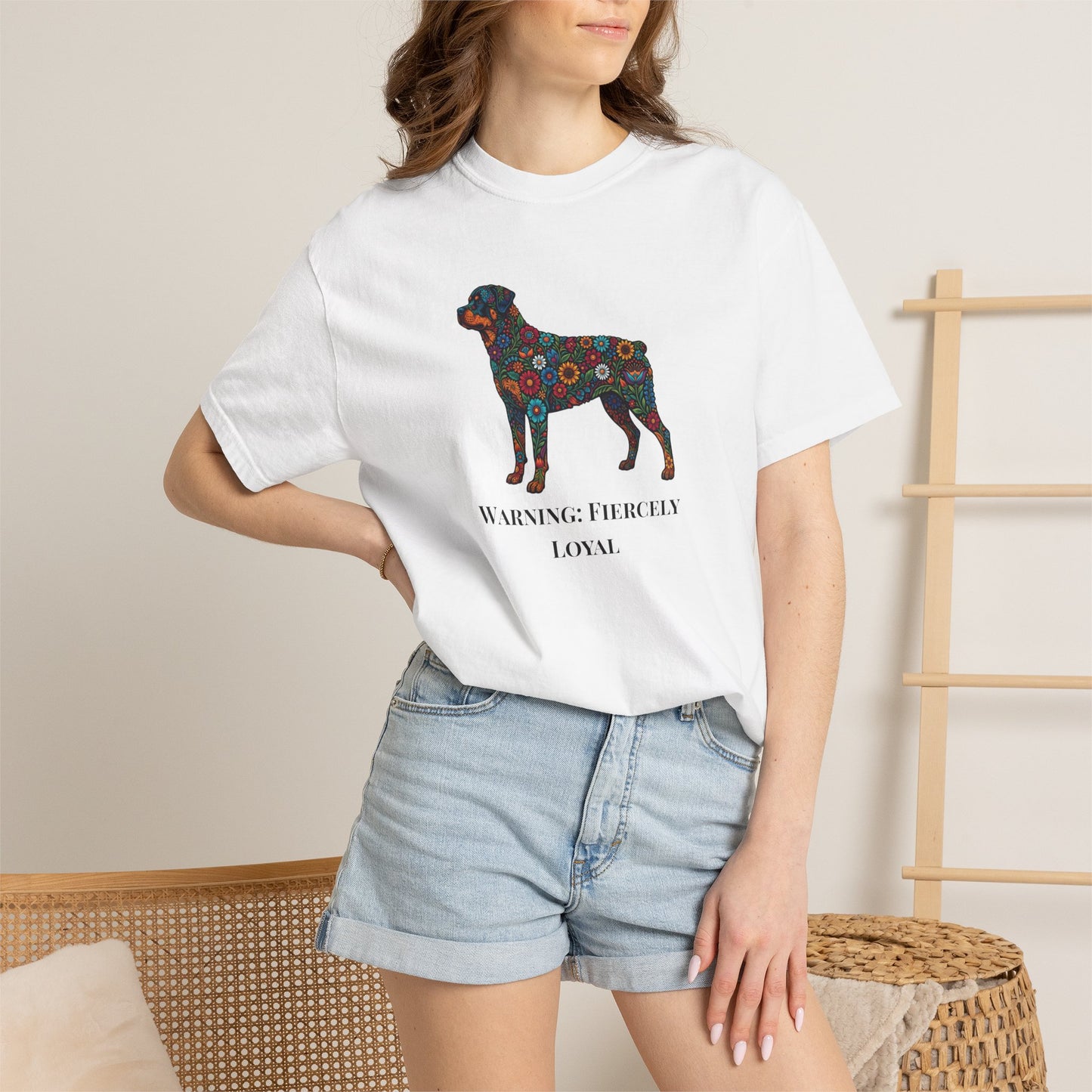 Rottweiler Floral Silhouette T-Shirt - "Warning: Fiercely Loyal" Dog Tee